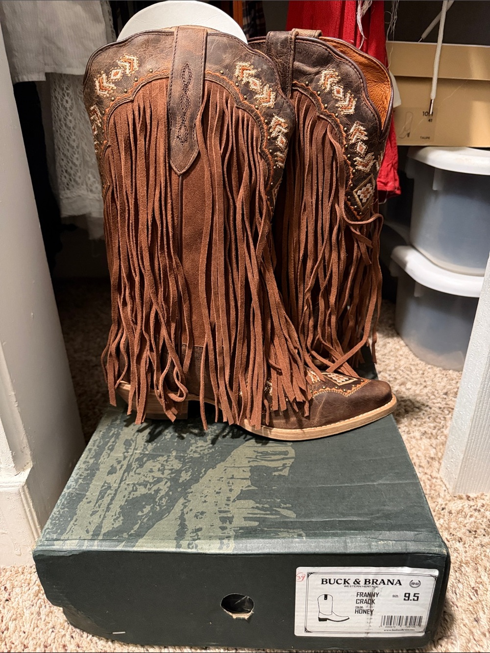Buck & Brana Women's Honey Brown Fringe Western Heeled Boots
